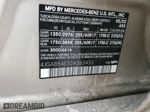 2002 Mercedes-Benz M-Class with VIN 4JGAB54E32A363452, listed as a Copart auction lot 81743994 with 147,376 mi miles and Salvage Title. Bid and sale history available at carsss.com. Image 12.