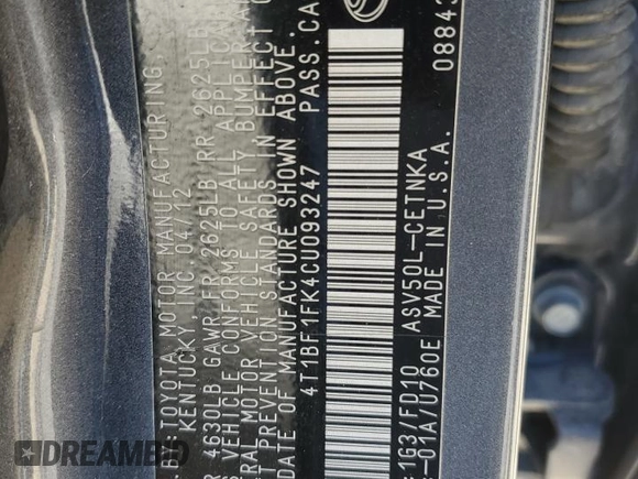 2012 Toyota Camry L with VIN 4T1BF1FK4CU093247, listed as a Copart auction lot 47221675 with 171,057 mi miles and Salvage Title. Bid and sale history available at carsss.com. Image 12.