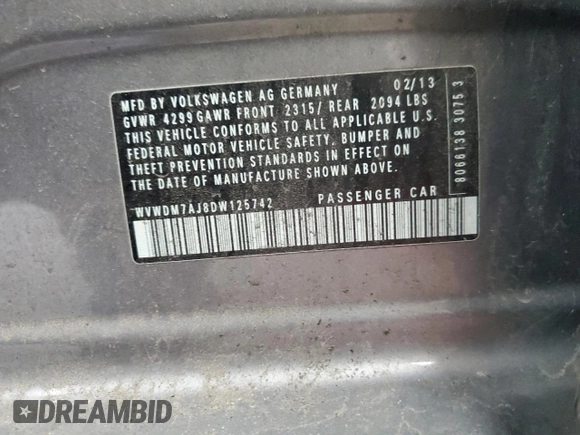 2013 Volkswagen Golf TDI with VIN WVWDM7AJ8DW125742, listed as a Copart auction lot 61609875 with 123,838 mi miles and Salvage title. Bid and sale history available at DreamBid. Image 13.