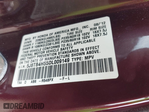 2013 Acura RDX Technology with VIN 5J8TB4H55DL009149, listed as a IAAI auction lot 42027050 with 191,174 mi miles and . Bid and sale history available at DreamBid. Image 9.