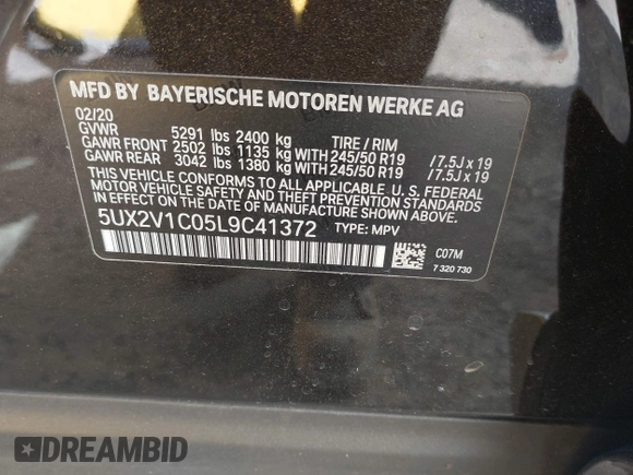 2020 BMW X4 xDrive30i z VIN 5UX2V1C05L9C41372, wystawiony jako IAAI lot #42316997 z przebiegiem 73 412 mil mil oraz . Historia ofert i sprzedaży dostępna na DreamBid. Obrazek 9.
