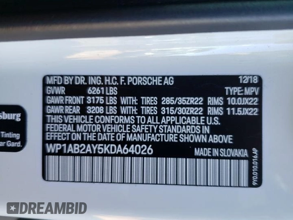 2019 Porsche Cayenne S with VIN WP1AB2AY5KDA64026, listed as a Copart auction lot 87236094 with Not provided miles and Non repairable. Bid and sale history available at DreamBid. Image 13.