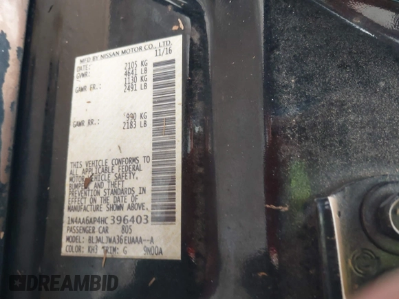 2017 Nissan Maxima SV z VIN 1N4AA6AP4HC396403, wystawiony jako IAAI lot #41644403 z przebiegiem Nie podano mil oraz . Historia ofert i sprzedaży dostępna na DreamBid. Obrazek 9.