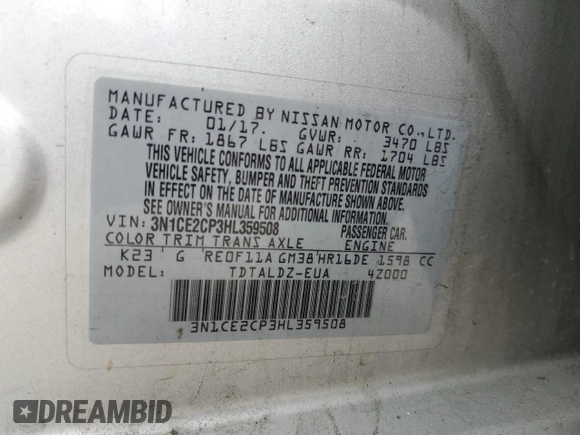 2017 Nissan Note SV with VIN 3N1CE2CP3HL359508, listed as a Copart auction lot 52831225 with 101,448 mi miles and Salvage Title. Bid and sale history available at DreamBid. Image 12.