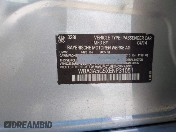 2014 BMW 3 Series 328i with VIN WBA3A5G5XENP31051, listed as a IAAI auction lot 42247591 with 152,073 mi miles and . Bid and sale history available at DreamBid. Image 9.