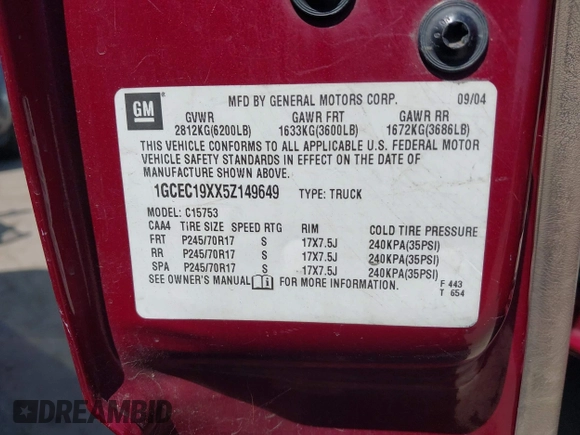2005 Chevrolet Silverado 1500 Work Truck with VIN 1GCEC19XX5Z149649, listed as a IAAI auction lot 42163894 with 209,131 mi miles. Bid and sale history available at carsss.com. Image 9.