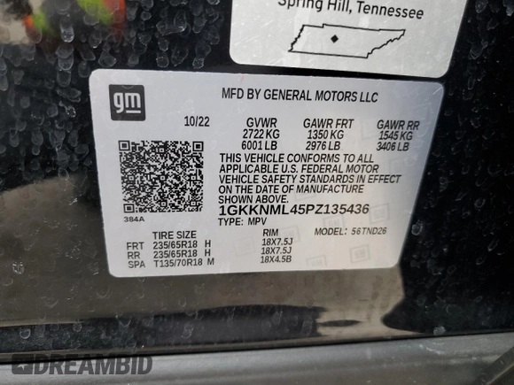 2023 GMC Acadia SLT with VIN 1GKKNML45PZ135436, listed as a Copart auction lot 44863365 with 34,187 mi miles and Salvage Title. Bid and sale history available at DreamBid. Image 15.