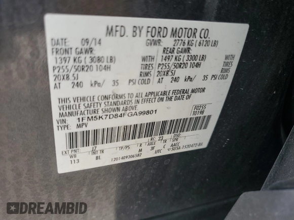 2015 Ford Explorer XLT with VIN 1FM5K7D84FGA99801, listed as a Copart auction lot 54757755 with 120,428 mi miles and Salvage Title. Bid and sale history available at DreamBid. Image 14.