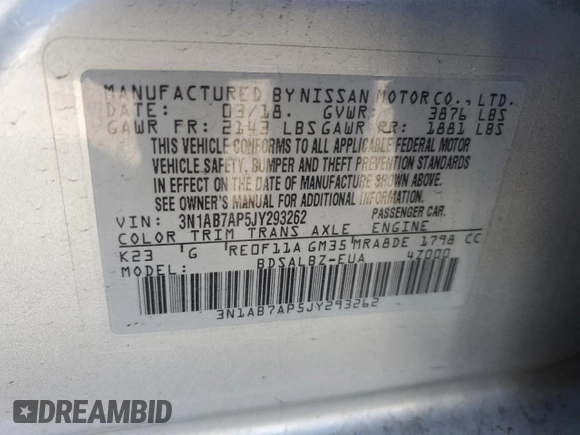 2018 Nissan Sentra SR with VIN 3N1AB7AP5JY293262, listed as a Copart auction lot 52129375 with 73,665 mi miles and Salvage Title. Bid and sale history available at DreamBid. Image 12.