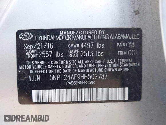 2017 Hyundai Sonata SE with VIN 5NPE24AF9HH502787, listed as a IAAI auction lot 42088941 with 123,511 mi miles. Bid and sale history available at carsss.com. Image 9.