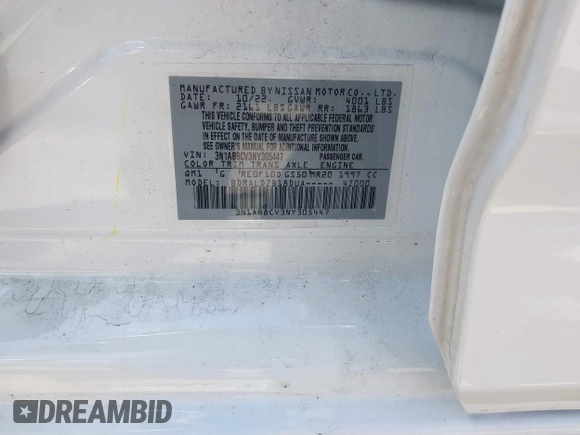 2022 Nissan Sentra SV with VIN 3N1AB8CV3NY305447, listed as a IAAI auction lot 41882034 with 29,983 mi miles and . Bid and sale history available at DreamBid. Image 9.