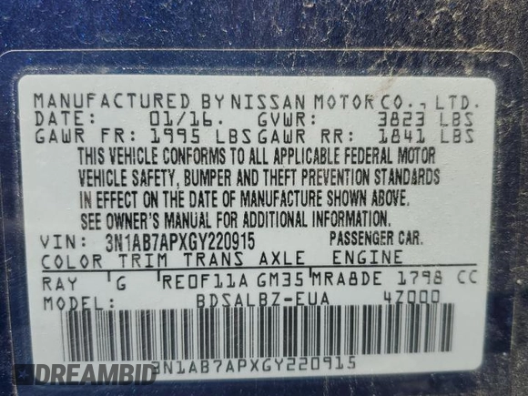 2016 Nissan Sentra SR with VIN 3N1AB7APXGY220915, listed as a Copart auction lot 53070665 with 177,726 mi miles and Salvage Title. Bid and sale history available at DreamBid. Image 12.