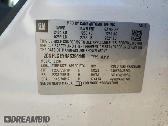2010 Chevrolet Equinox LTZ z VIN 2CNFLGEY8A6396448, wystawiony jako Copart lot #55357605 z przebiegiem Nie podano mil oraz Szkoda całkowita • Salvage title. Historia ofert i sprzedaży dostępna na DreamBid. Obrazek 13.