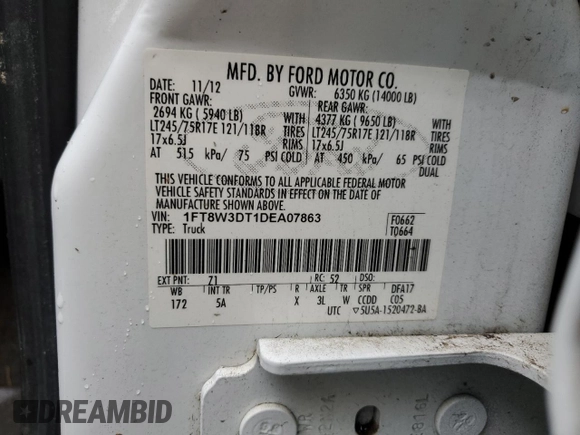2013 Ford F-350 XL с VIN 1FT8W3DT1DEA07863, выставлен на аукционе Copart как лот 46672125 с пробегом 241 673 миль миль и Списание • Salvage title. История ставок и продаж доступна на DreamBid. Изображение 14.
