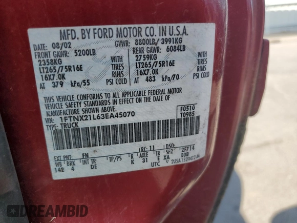 2003 Ford F-250 XL z VIN 1FTNX21L63EA45070, wystawiony jako Copart lot #62015555 z przebiegiem Nie podano mil oraz Czysty tytuł • Clean title. Historia ofert i sprzedaży dostępna na DreamBid. Obrazek 12.