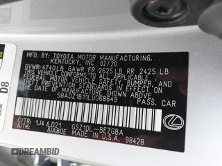 2020 Lexus ES 350 with VIN 58ADZ1B11LU068649, listed as a IAAI auction lot 42289047 with 38,593 mi miles and . Bid and sale history available at DreamBid. Image 9.