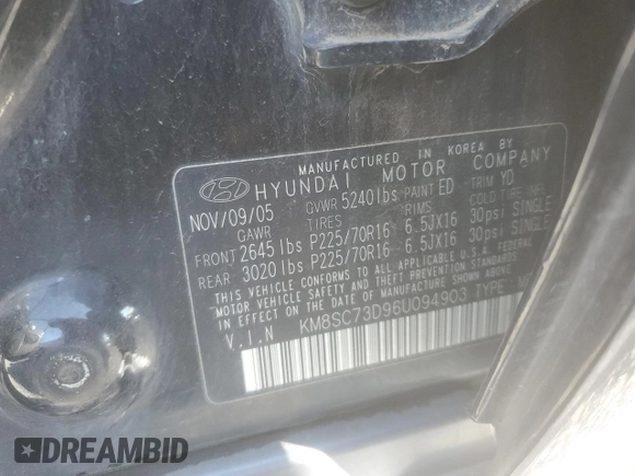 2006 Hyundai Santa Fe GLS with VIN KM8SC73D96U094903, listed as a Copart auction lot 49484945 with 180,838 mi miles and Salvage Title. Bid and sale history available at carsss.com. Image 13.
