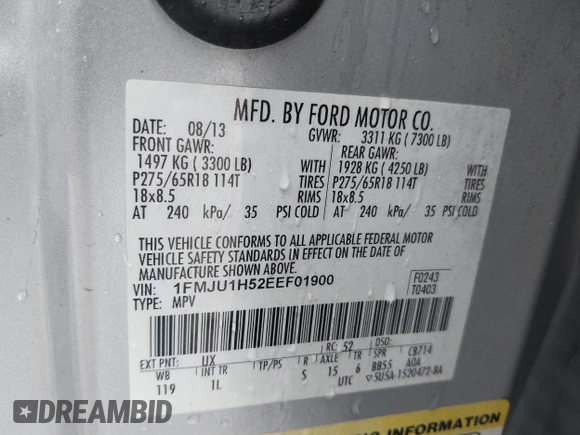 2014 Ford Expedition XLT with VIN 1FMJU1H52EEF01900, listed as a IAAI auction lot 42106404 with 149,992 mi miles and . Bid and sale history available at DreamBid. Image 9.