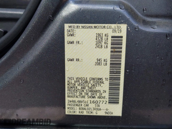2020 Nissan Altima S with VIN 1N4BL4BV5LC160772, listed as a IAAI auction lot 42009543 with 131,583 mi miles and . Bid and sale history available at DreamBid. Image 9.