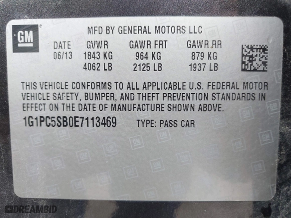 2014 Chevrolet Cruze 1LT with VIN 1G1PC5SB0E7113469, listed as a IAAI auction lot 41855824 with 159,369 mi miles. Bid and sale history available at carsss.com. Image 9.