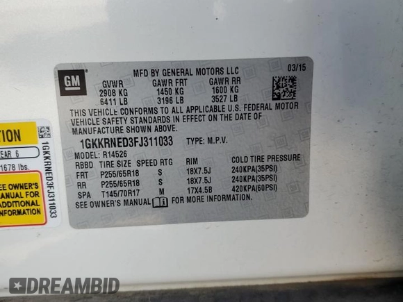 2015 GMC Acadia SLE with VIN 1GKKRNED3FJ311033, listed as a Copart auction lot 58169935 with 92,795 mi miles and Salvage title. Bid and sale history available at DreamBid. Image 13.