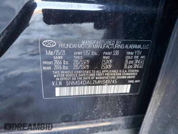 2021 Hyundai Santa Fe Limited with VIN 5NMS4DAL2MH349745, listed as a Copart auction lot 89108145 with 50,417 mi miles and Salvage Title. Bid and sale history available at carsss.com. Image 14.
