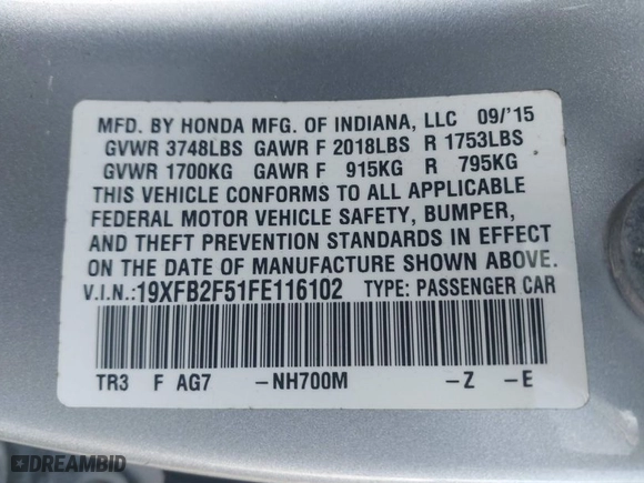 2015 Honda Civic Sedan LX with VIN 19XFB2F51FE116102, listed as a IAAI auction lot 41012063 with 133,395 mi miles. Bid and sale history available at carsss.com. Image 9.