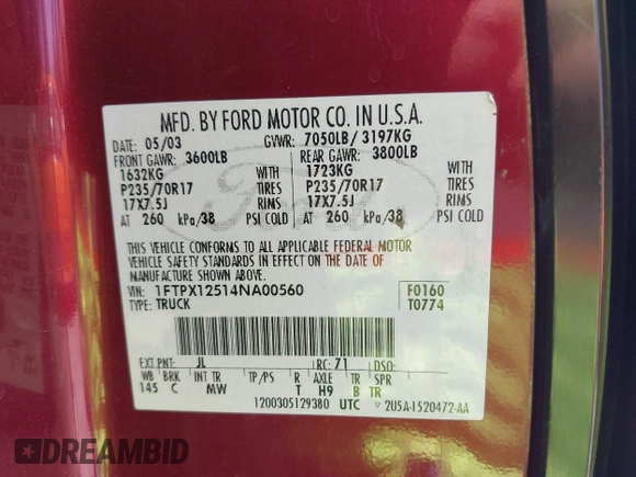 2004 Ford F-150 XL z VIN 1FTPX12514NA00560, wystawiony jako IAAI lot #42261569 z przebiegiem 189 438 mil mil oraz . Historia ofert i sprzedaży dostępna na DreamBid. Obrazek 9.