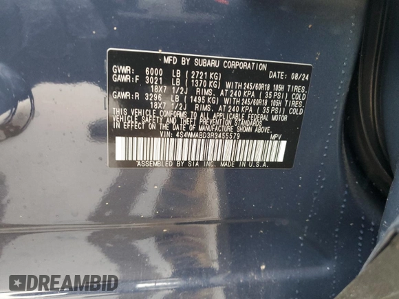 2024 Subaru Ascent Premium with VIN 4S4WMABD3R3455579, listed as a Copart auction lot 82905264 with 1,575 mi miles and Salvage title. Bid and sale history available at DreamBid. Image 13.