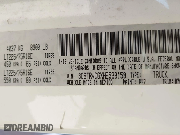 2017 Ram ProMaster Cargo with VIN 3C6TRVDGXHE539159, listed as a IAAI auction lot 41848586 with 263,092 mi miles and . Bid and sale history available at carsss.com. Image 9.