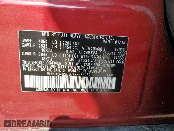 2015 Subaru Outback Limited with VIN 4S4BSEJC7F3283962, listed as a Copart auction lot 59736095 with 101,242 mi miles and Salvage title. Bid and sale history available at DreamBid. Image 13.