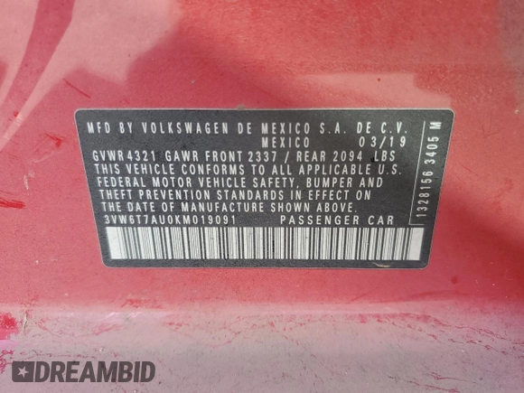 2019 Volkswagen GTI S z VIN 3VW6T7AU0KM019091, wystawiony jako Copart lot #52541425 z przebiegiem 71 517 mil mil oraz Szkoda całkowita • Salvage title. Historia ofert i sprzedaży dostępna na DreamBid. Obrazek 14.