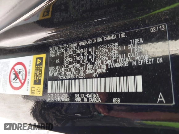 2013 Lexus RX 350 with VIN 2T2ZK1BA9DC116253, listed as a IAAI auction lot 42097417 with 115,765 mi miles and . Bid and sale history available at DreamBid. Image 9.
