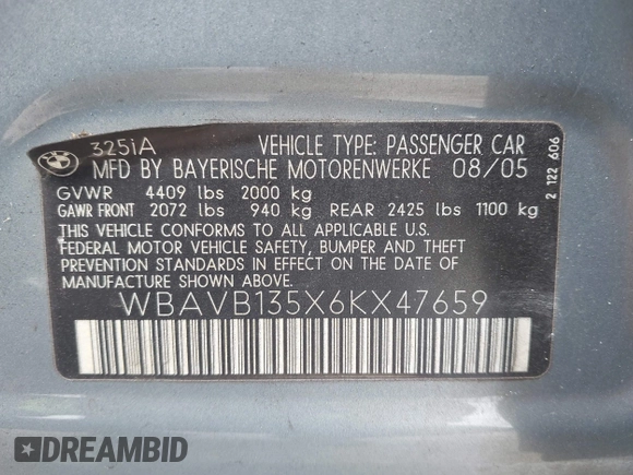 2006 BMW 3 Series 325i with VIN WBAVB135X6KX47659, listed as a IAAI auction lot 41915191 with 140,049 mi miles. Bid and sale history available at carsss.com. Image 9.