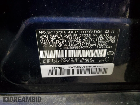 2011 Lexus LS 460 z VIN JTHBL5EF5B5105065, wystawiony jako Copart lot #89051615 z przebiegiem 145 609 mil mil oraz Szkoda całkowita • Salvage title. Historia ofert i sprzedaży dostępna na DreamBid. Obrazek 12.
