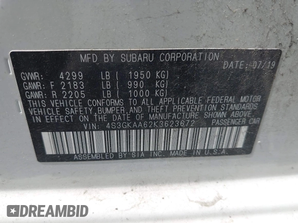 2019 Subaru Impreza with VIN 4S3GKAA62K3623672, listed as a IAAI auction lot 42429227 with 70,148 mi miles and . Bid and sale history available at DreamBid. Image 9.