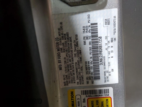 2013 Lincoln MKZ with VIN 3LN6L2J98DR817258, listed as a Copart auction lot 42723025 with 100,778 mi miles and Salvage Title. Bid and sale history available at DreamBid. Image 12.