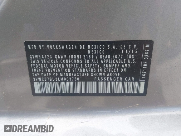 2020 Volkswagen Jetta S with VIN 3VWCB7BU3LM003750, listed as a IAAI auction lot 42259811 with 34,418 mi miles and . Bid and sale history available at DreamBid. Image 9.