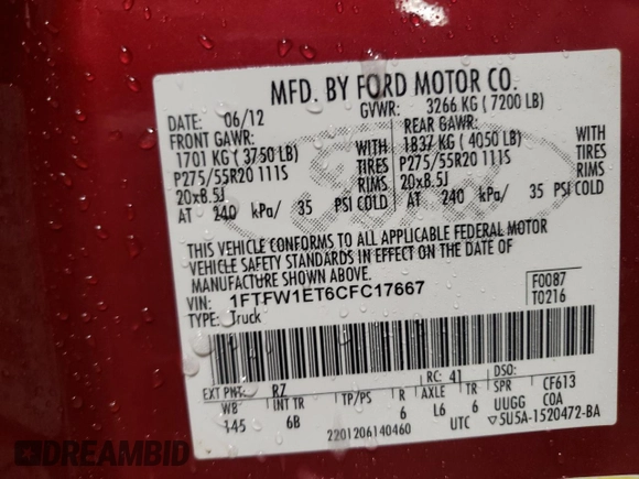 2012 Ford F-150 XL with VIN 1FTFW1ET6CFC17667, listed as a Copart auction lot 46125785 with 170,250 mi miles and Salvage title. Bid and sale history available at DreamBid. Image 12.