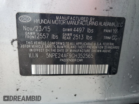 2016 Hyundai Sonata SE with VIN 5NPE24AF9GH352565, listed as a Copart auction lot 55914915 with 136,689 mi miles and Clean Title. Bid and sale history available at carsss.com. Image 12.