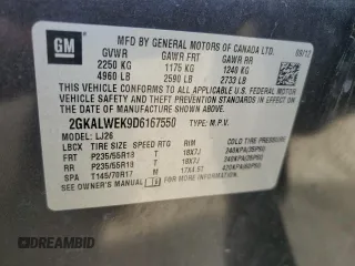 2013 GMC Terrain SLT with VIN 2GKALWEK9D6167550, listed as a Copart auction lot 52207545 with 184,960 mi miles and Salvage title. Bid and sale history available at DreamBid. Image 13.