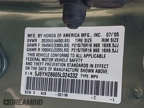 2005 Honda Element EX with VIN 5J6YH28605L024332, listed as a IAAI auction lot 41939498 with Not Provided miles and . Bid and sale history available at DreamBid. Image 9.