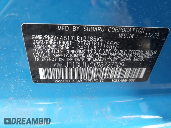 2024 Subaru Impreza RS with VIN JF1GUHJCXR8327309, listed as a IAAI auction lot 41560893 with 1,637 mi miles. Bid and sale history available at carsss.com. Image 9.