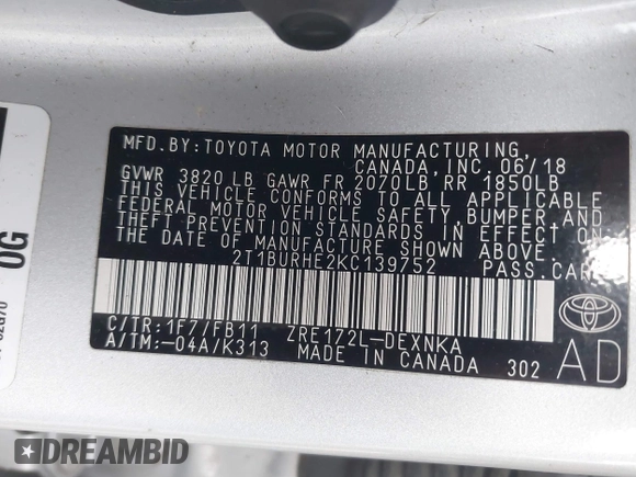 2019 Toyota Corolla L z VIN 2T1BURHE2KC139752, wystawiony jako IAAI lot #41324438 z przebiegiem 45 956 mil mil oraz . Historia ofert i sprzedaży dostępna na DreamBid. Obrazek 9.