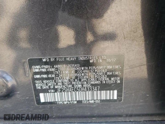 2013 Subaru Forester X Limited with VIN JF2SHAEC5DH433347, listed as a Copart auction lot 58555735 with 99,696 mi miles and Salvage title. Bid and sale history available at DreamBid. Image 13.