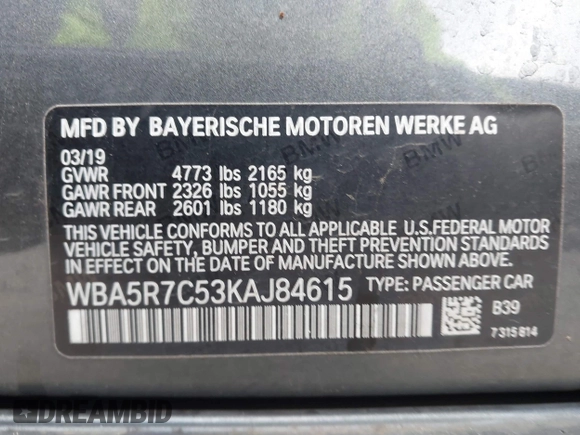 2019 BMW 3 Series 330i xDrive with VIN WBA5R7C53KAJ84615, listed as a IAAI auction lot 41774006 with Not provided miles and . Bid and sale history available at DreamBid. Image 9.