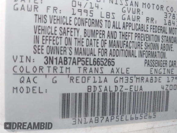 2014 Nissan Sentra S with VIN 3N1AB7AP5EL665265, listed as a IAAI auction lot 42142077 with 183,767 mi miles and . Bid and sale history available at DreamBid. Image 9.