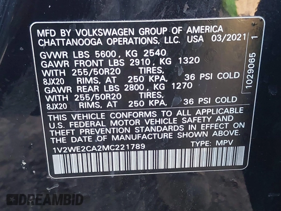2021 Volkswagen Atlas SE with VIN 1V2WE2CA2MC221789, listed as a IAAI auction lot 41308009 with 53,627 mi miles and . Bid and sale history available at DreamBid. Image 9.