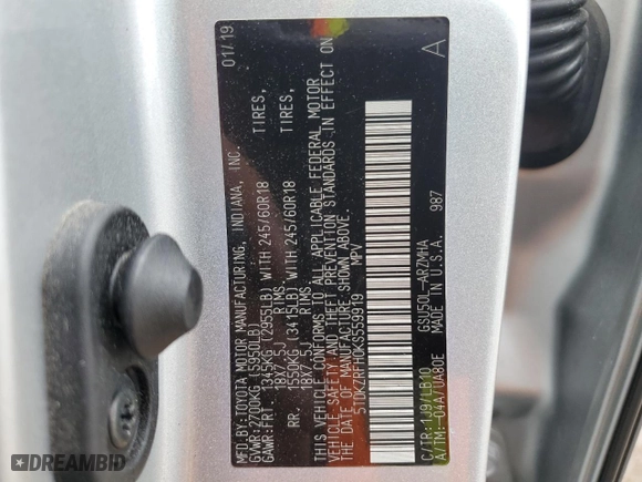 2019 Toyota Highlander SE with VIN 5TDKZRFH0KS559919, listed as a Copart auction lot 48600165 with 48,384 mi miles and Salvage Title. Bid and sale history available at carsss.com. Image 15.