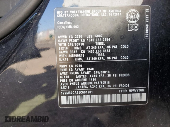 2018 Volkswagen Atlas 3.6L V6 SEL with VIN 1V2MR2CA3JC501261, listed as a Copart auction lot 53880095 with 160,956 mi miles and Salvage Title. Bid and sale history available at carsss.com. Image 12.